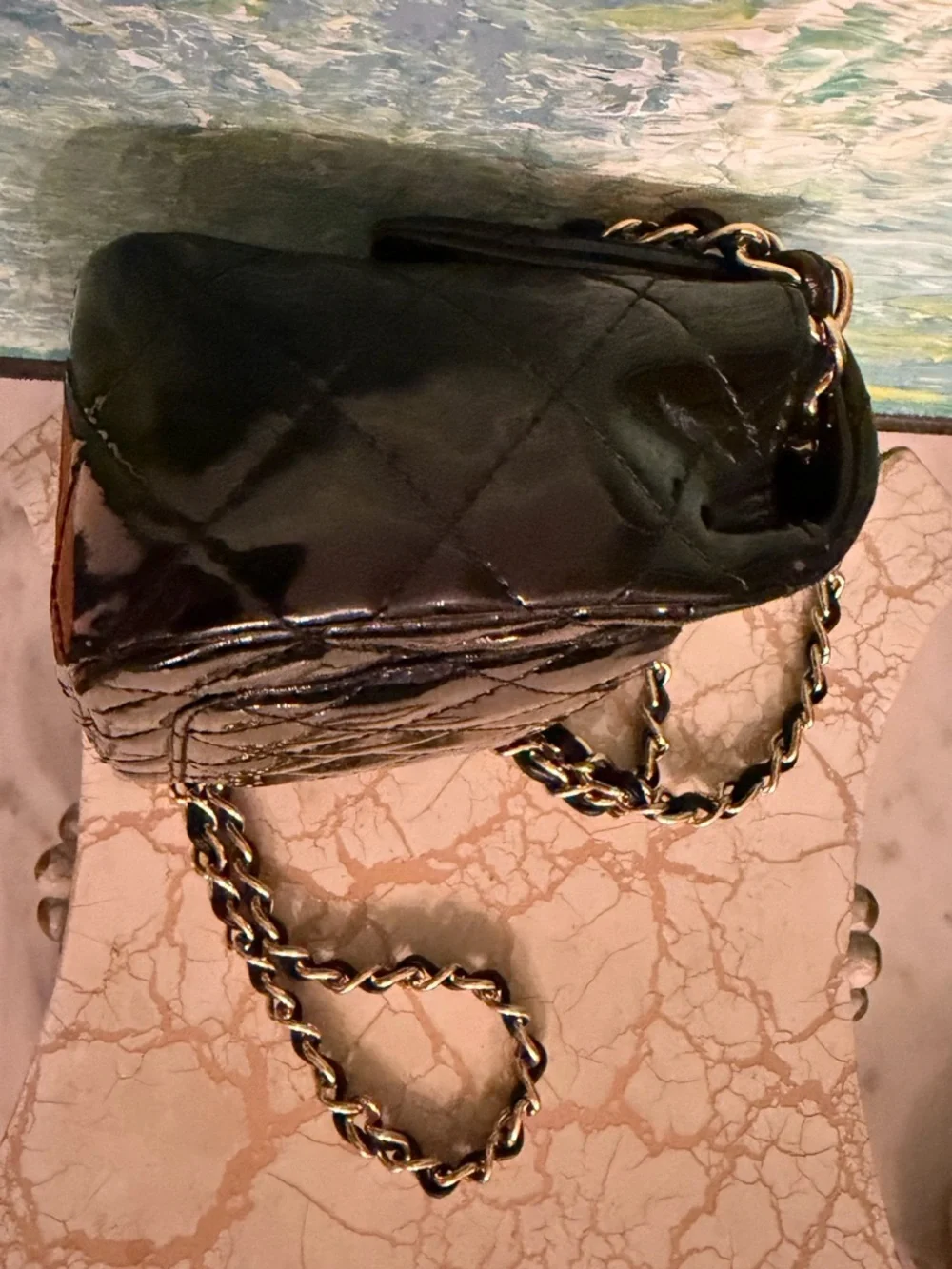 CHANEL Vintage Black Quilted Patent Mini Crossbody with Gold Hardware